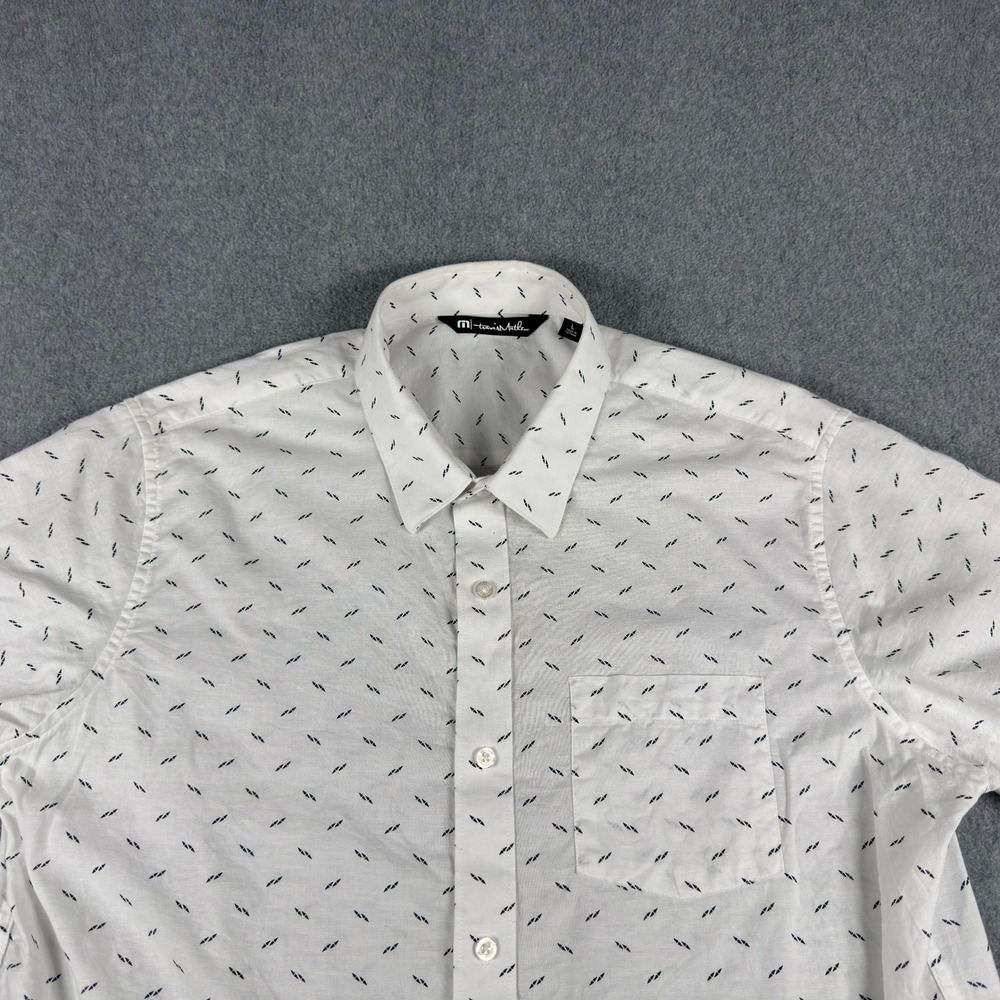 Travis Mathew Shirt Mens L White Black Dot Pattern Button Up Short Sleeve